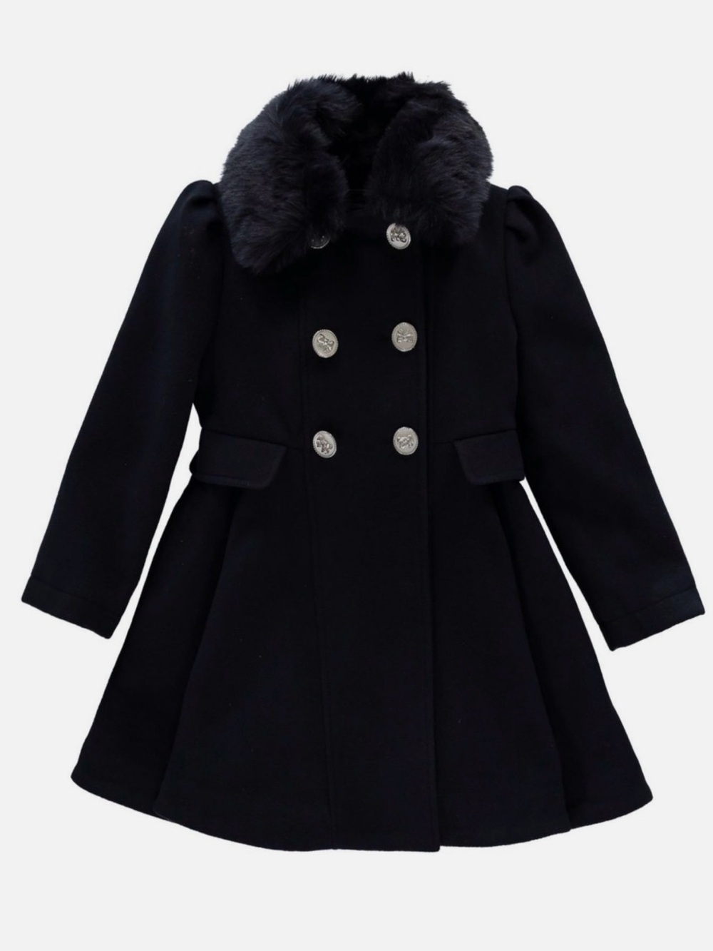 Rothschild Black Double-Breasted Girls' Coat with Faux Fur Collar